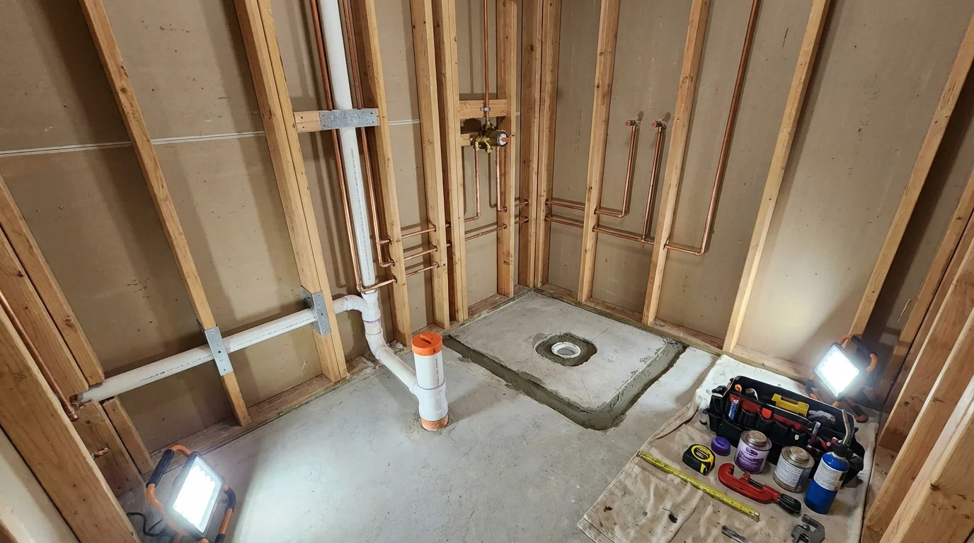 Bathroom rough-in plumbing during remodel by Johns Plumbing LLC in Oak View