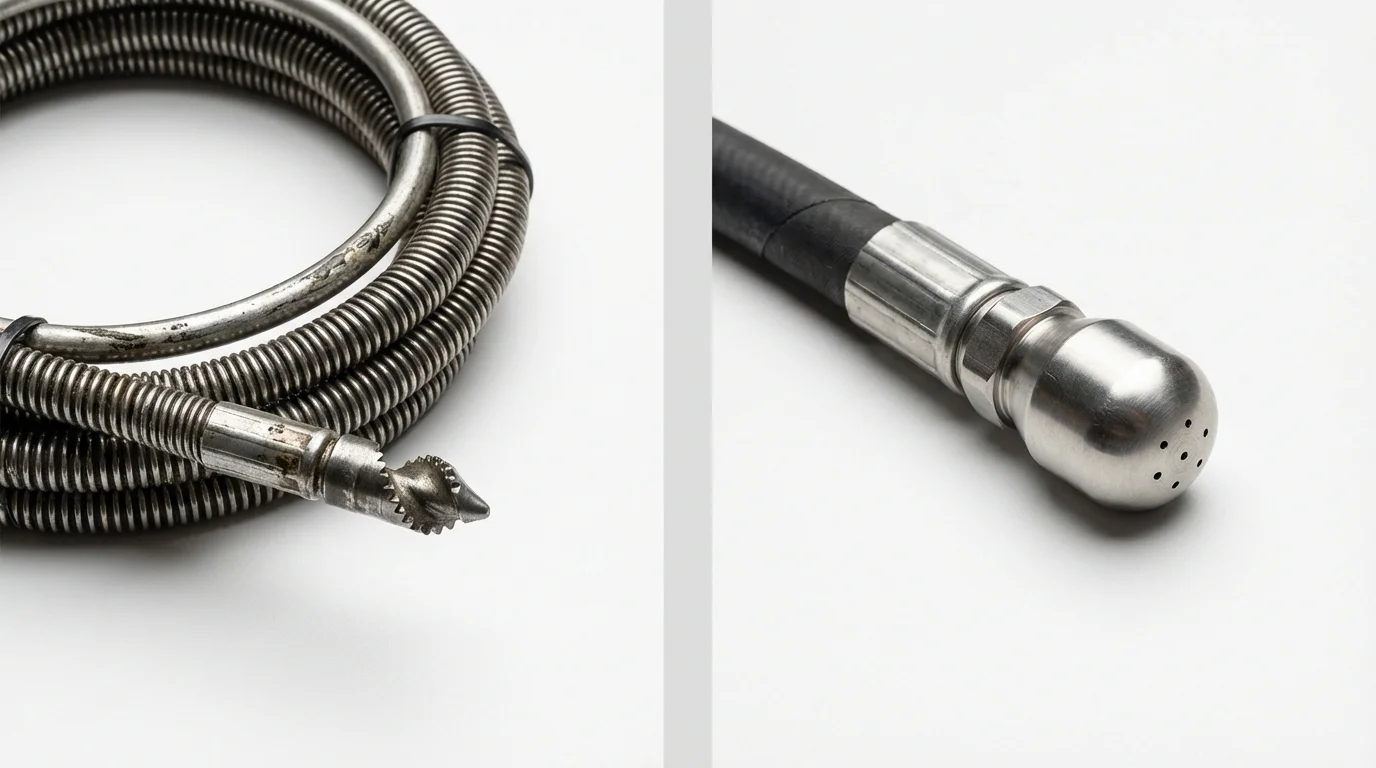 Drain snake cable and hydro jetting nozzle used for drain cleaning in Oak View, CA