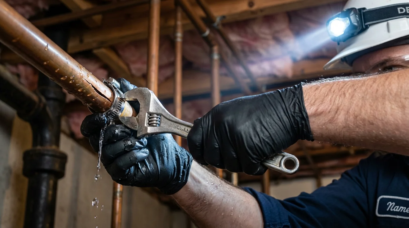 Emergency pipe clamp repair being performed by a Johns Plumbing LLC plumber in Oak View