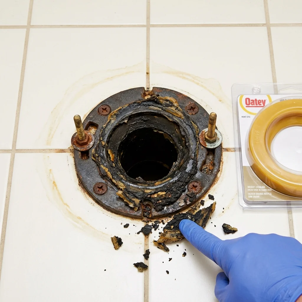 Failed wax ring showing water seepage at the base of a toilet in a Oak View, CA home
